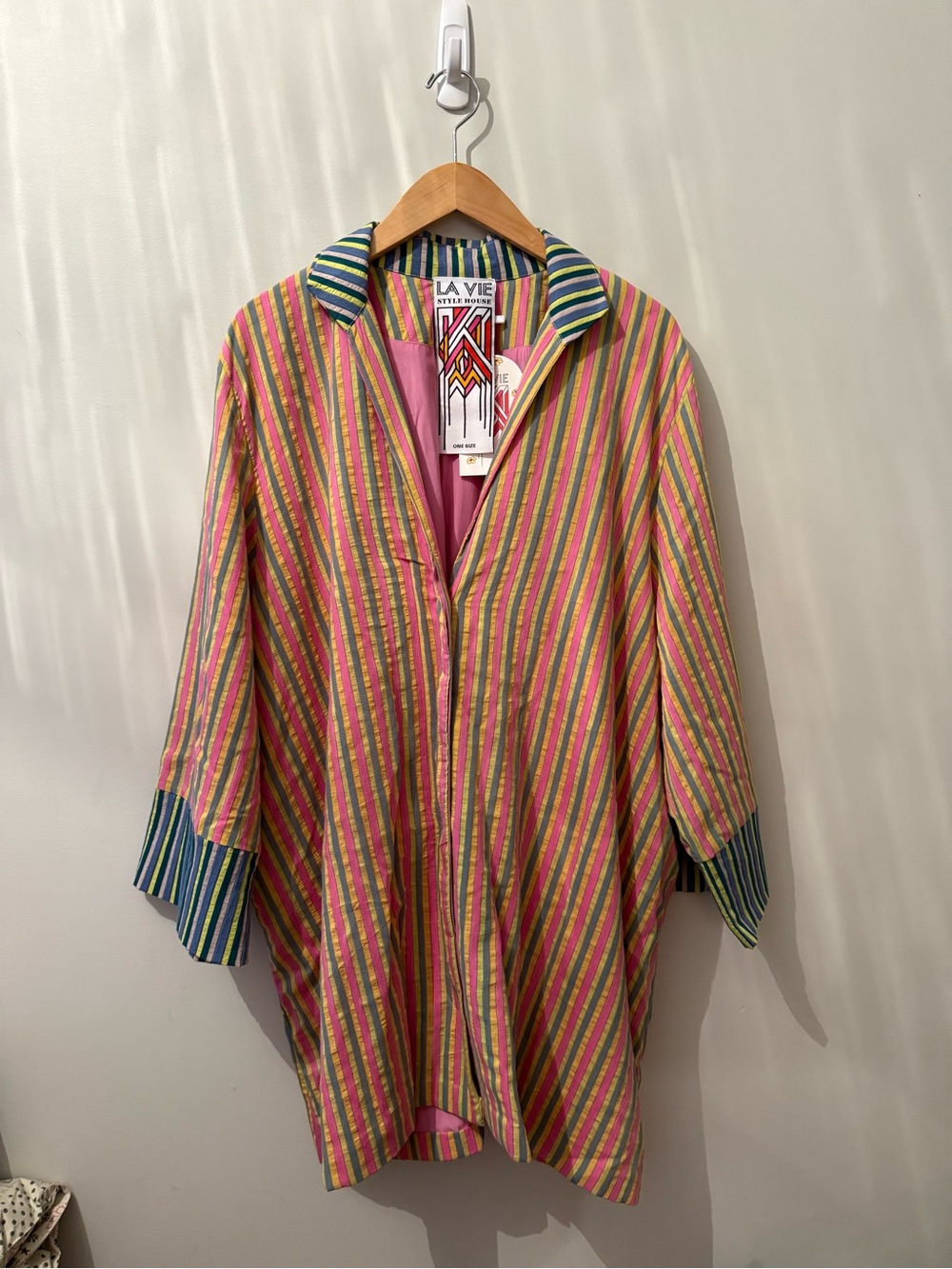 La Vie Style House Stripe Boyfriend Shirt - Pink, Green & Yellow